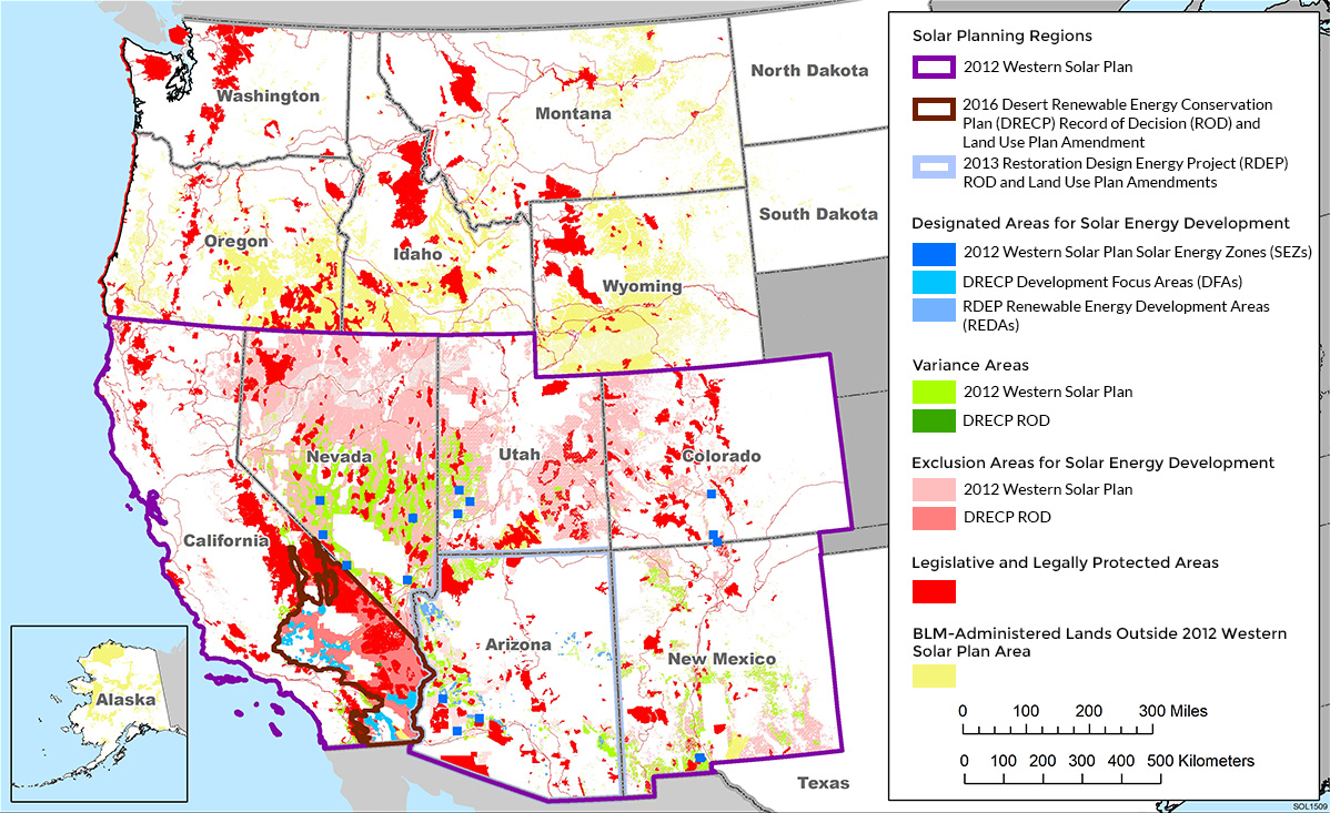 Map showing the Western U.S. and Alaska. Areas noted include Solar Energy Zones, Designated Leasing Areas (DLAs), Variance Areas, Exclusion Areas, Protected Areas, BLM-Administered Land in States Outside 2012 Western Solar Plan Area, and Solar Planning Regions.