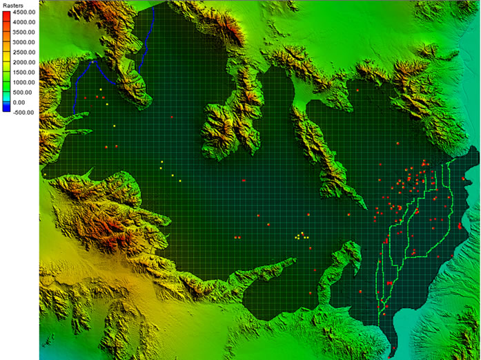 Ground surface elevations and layout of numerical model grid of the Riverside East Model